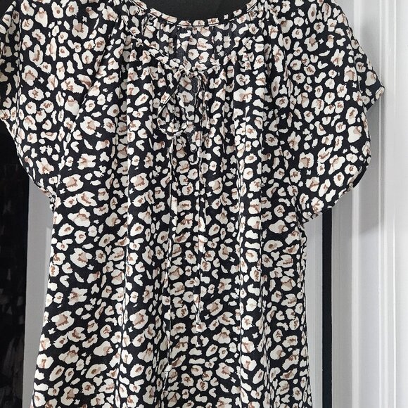 Black beige Boho Office Professional blouse flutter sleeves Liberty Print M - Picture 1 of 10